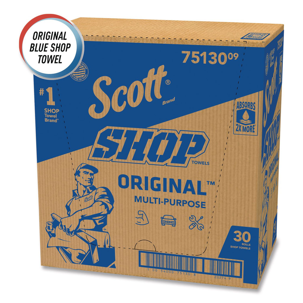 Shop Towels, Standard Roll, 1-Ply, 9.4 x 11, Blue, 55/Roll, 30 Rolls/Carton