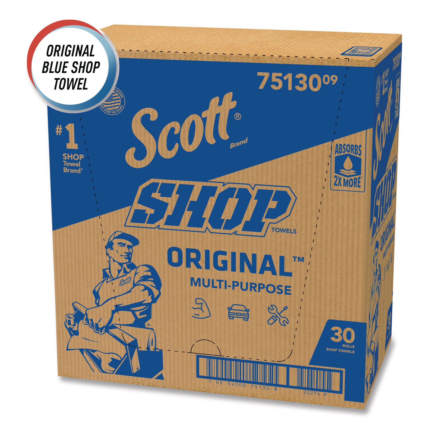 Shop Towels, Standard Roll, 1-Ply, 9.4 x 11, Blue, 55/Roll, 30 Rolls/Carton