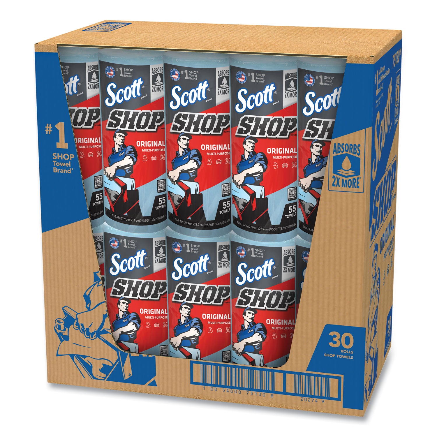 Shop Towels, Standard Roll, 1-Ply, 9.4 x 11, Blue, 55/Roll, 30 Rolls/Carton