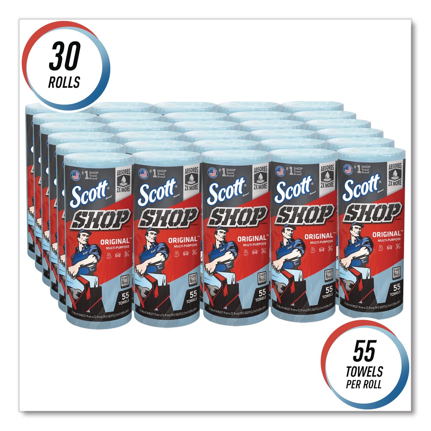 Shop Towels, Standard Roll, 1-Ply, 9.4 x 11, Blue, 55/Roll, 30 Rolls/Carton