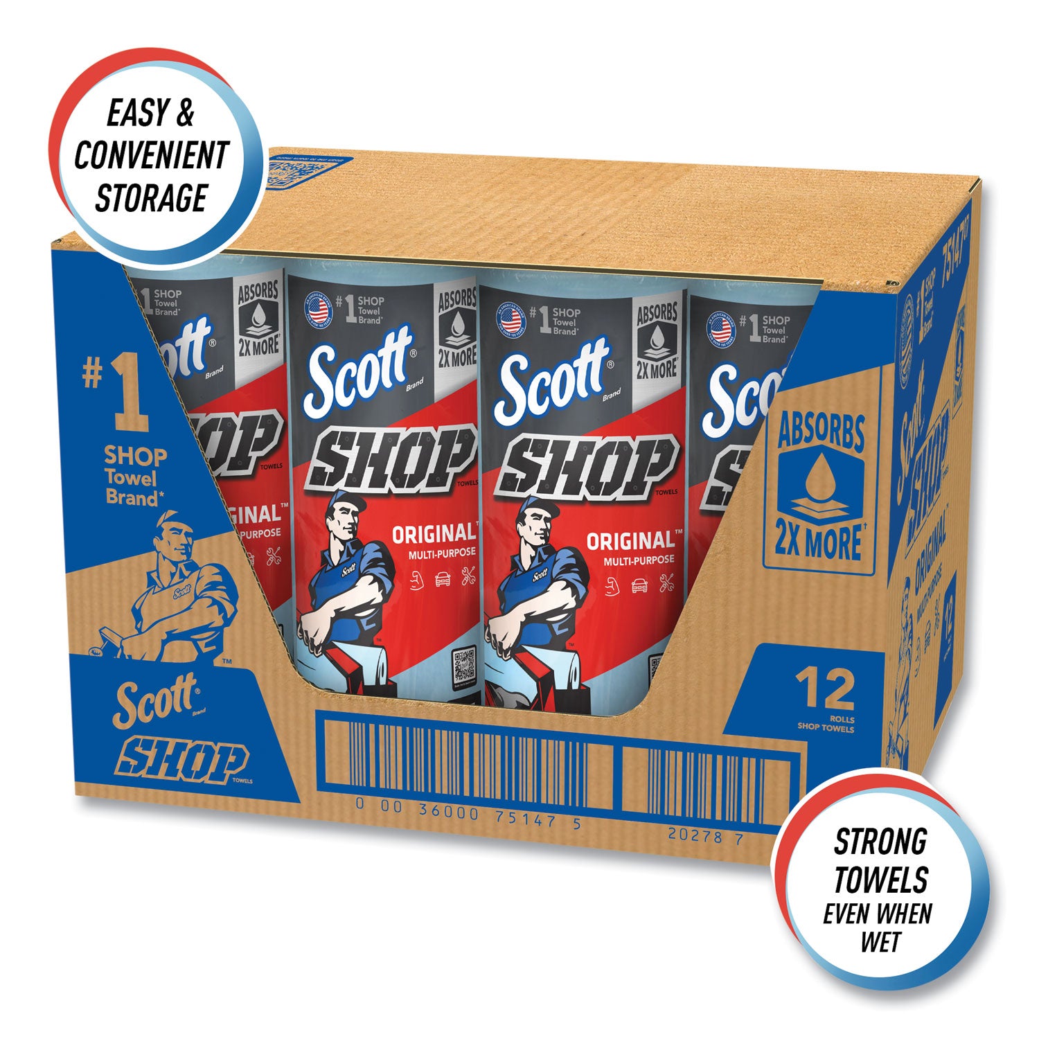 Shop Towels, Standard Roll, 1-Ply, 9.4 x 11, Blue, 55/Roll, 12 Rolls/Carton
