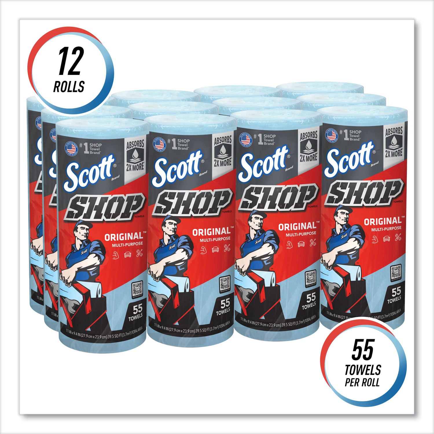 Shop Towels, Standard Roll, 1-Ply, 9.4 x 11, Blue, 55/Roll, 12 Rolls/Carton