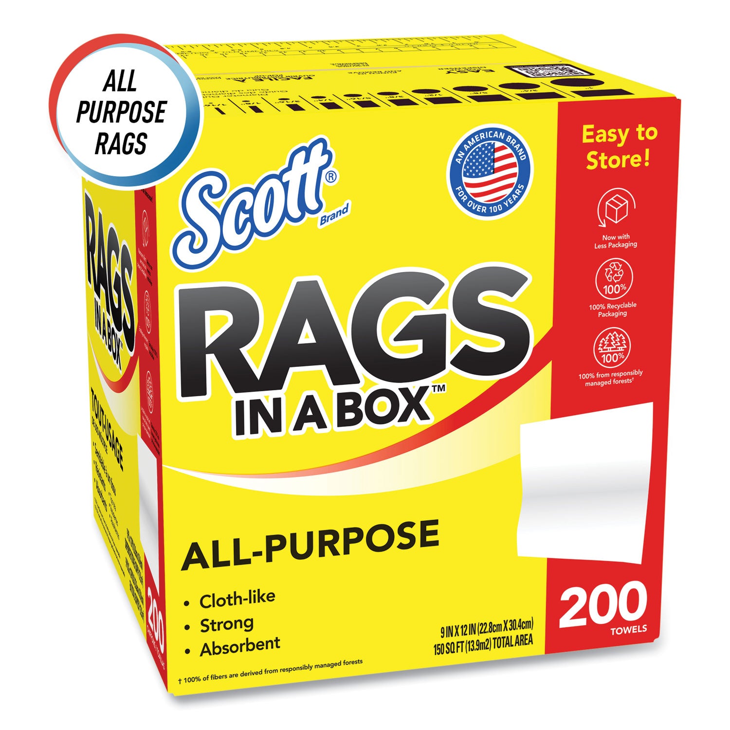 Rags in a Box, POP-UP Box, 12 x 9, White, 200/Box, 8 Boxes/Carton