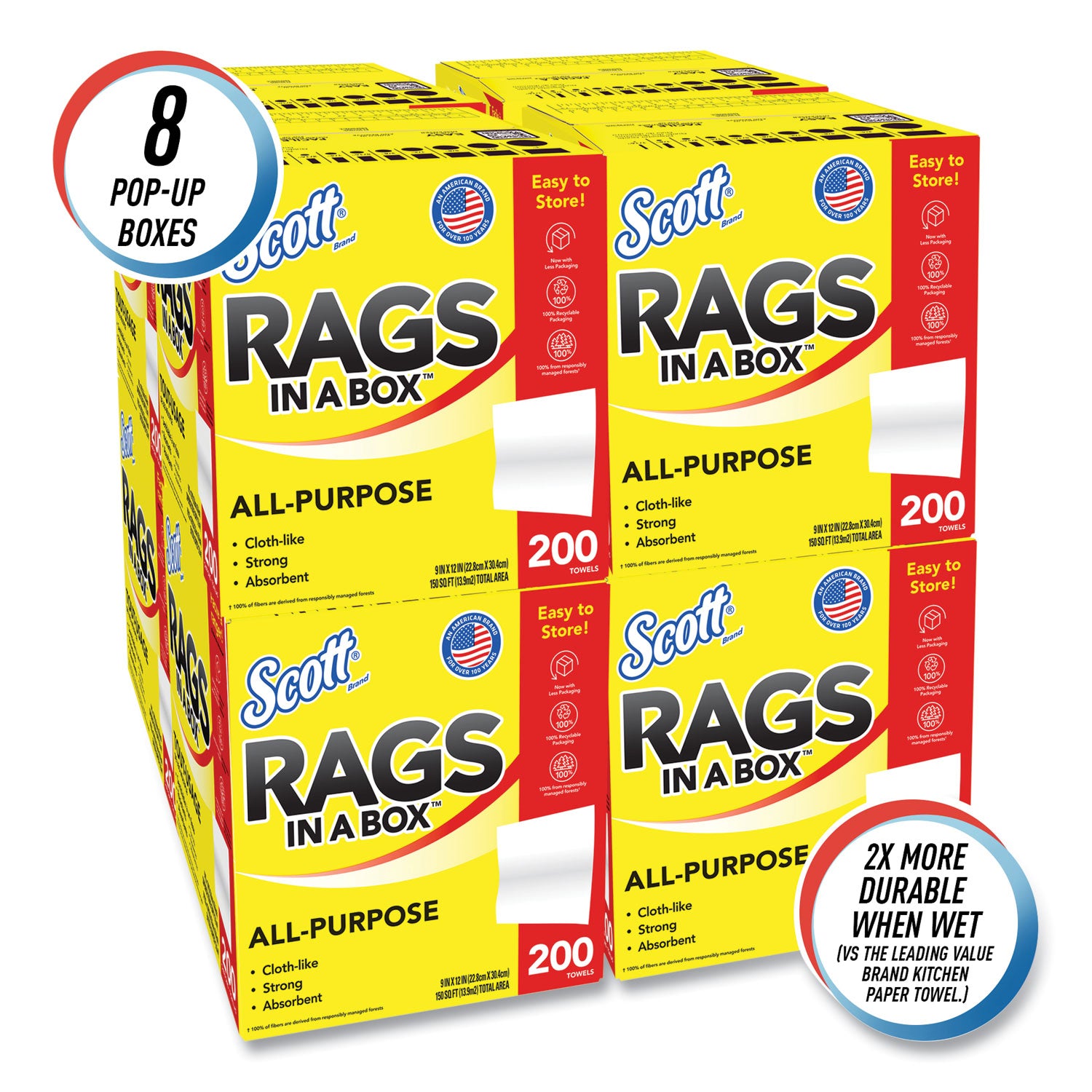 Rags in a Box, POP-UP Box, 12 x 9, White, 200/Box, 8 Boxes/Carton - 