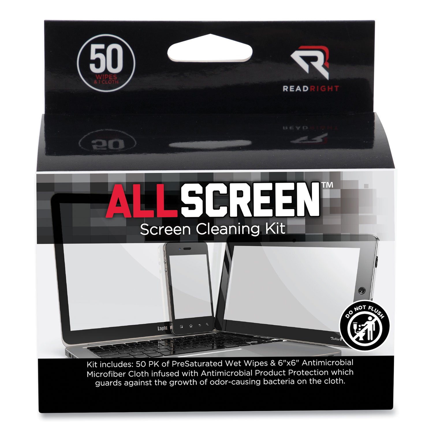 allscreen-cleaning-kit-with-1-6-x-6-microfiber-cloth-50-4-x-5-individually-wrapped-pre-saturated-wipes-unscented-white_rearr15039 - 1