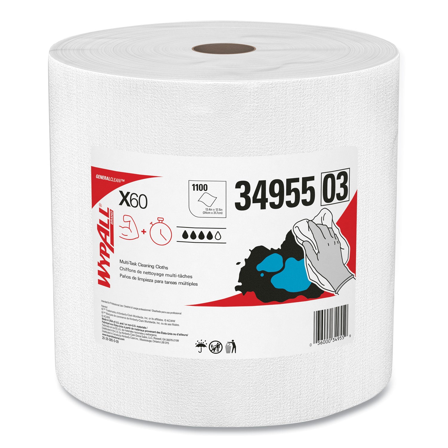 General Clean X60 Cloths, Jumbo Roll, 12.2 x 12.4, White, 1,100/Roll - 