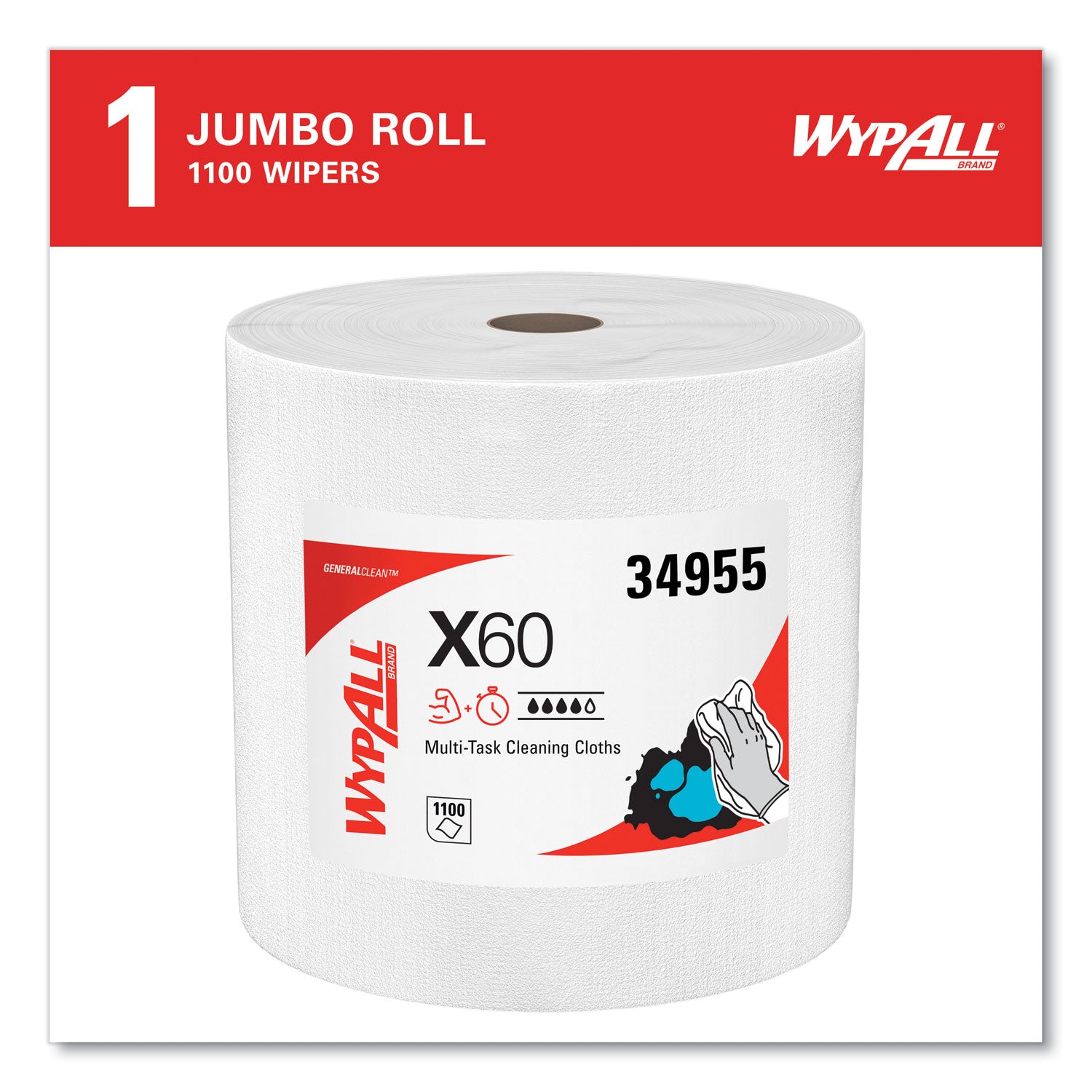 General Clean X60 Cloths, Jumbo Roll, 12.2 x 12.4, White, 1,100/Roll - 