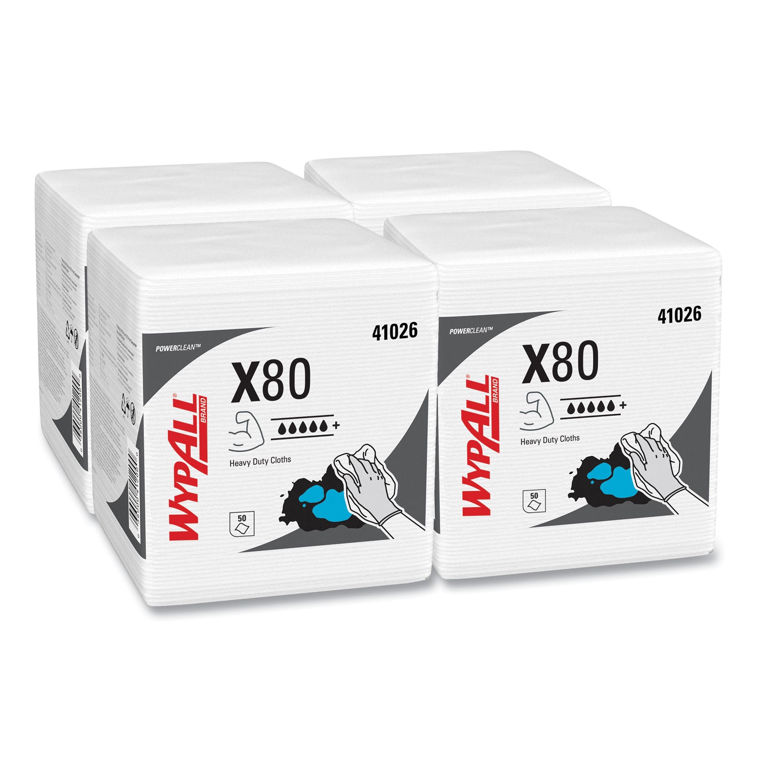 Power Clean X80 Heavy Duty Cloths, 1/4 Fold, 12.5 x 12, White, 50/Box, 4 Boxes/Carton - 
