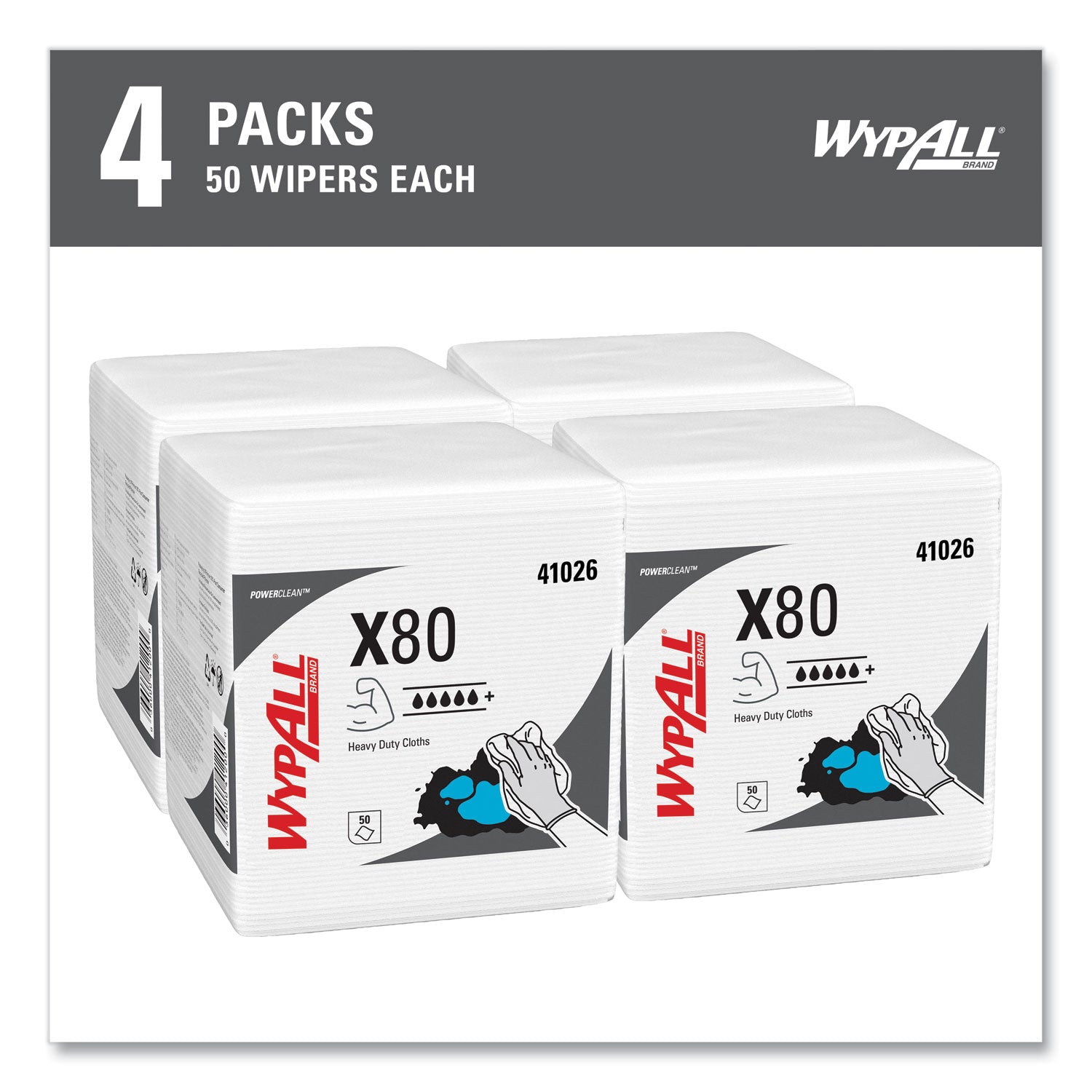 Power Clean X80 Heavy Duty Cloths, 1/4 Fold, 12.5 x 12, White, 50/Box, 4 Boxes/Carton - 