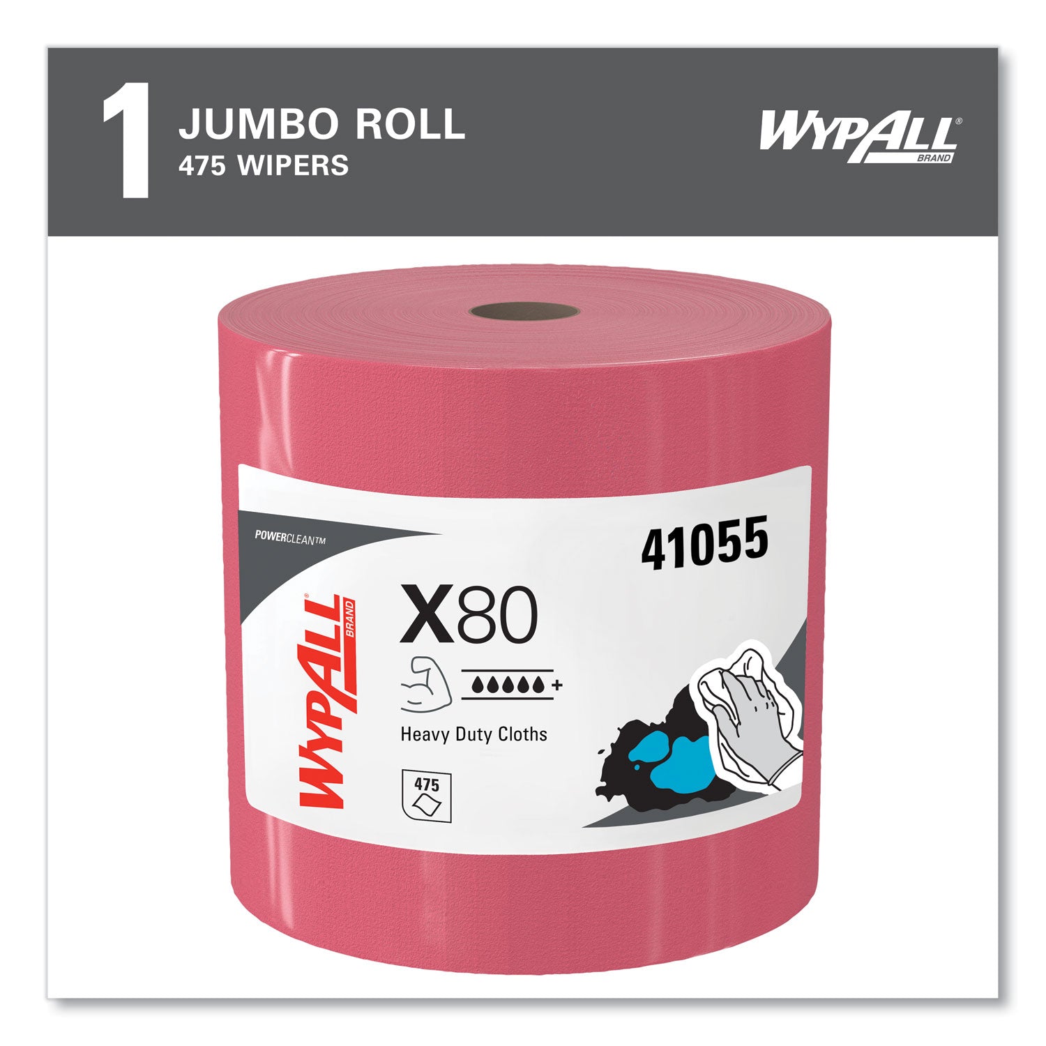 Power Clean X80 Heavy Duty Cloths, Jumbo Roll, 12.4 x 12.2, Red, 475 Wipers/Roll - 