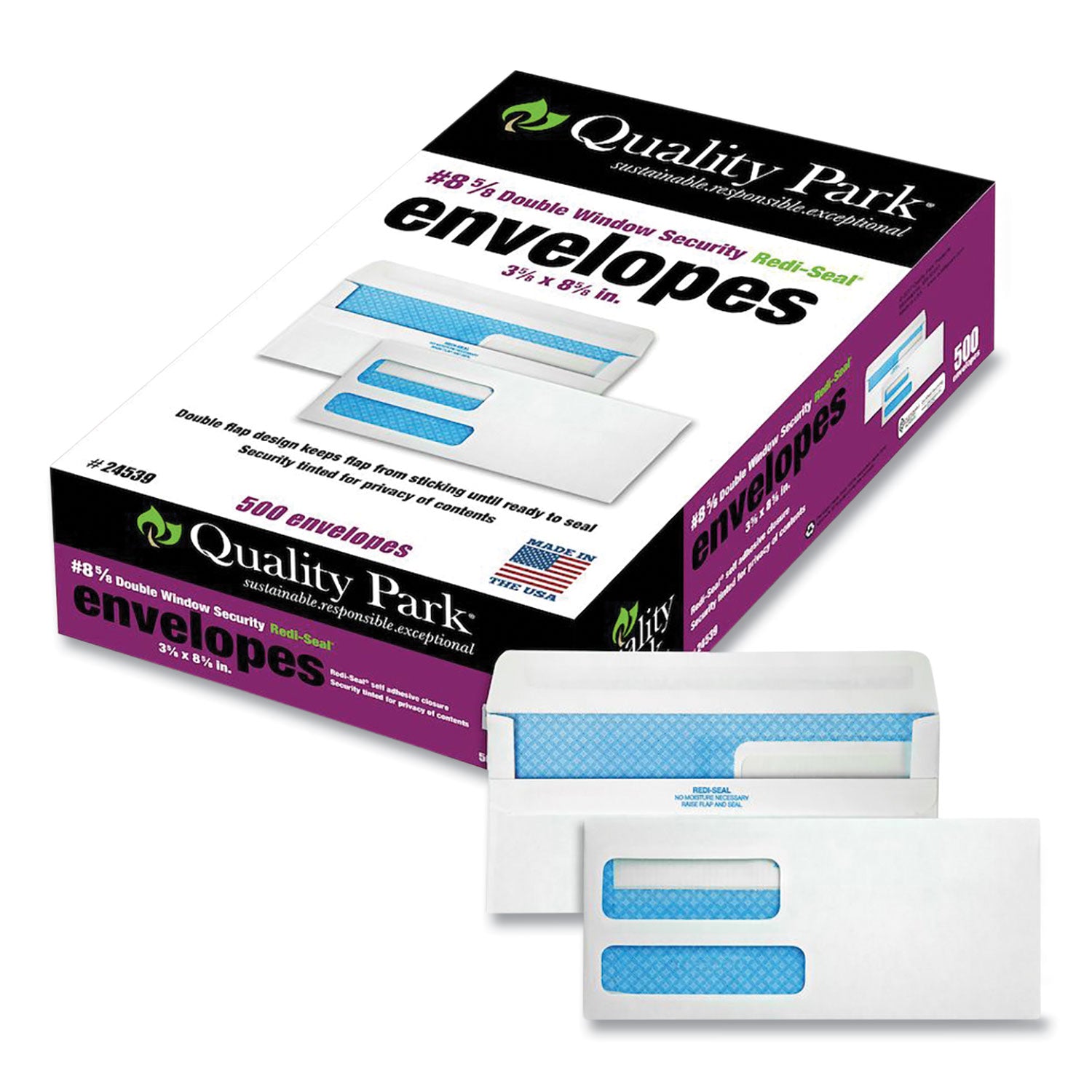 Double Window Redi-Seal Security-Tinted Envelope, #8 5/8, Commercial Flap, Redi-Seal Closure, 3.63 x 8.63, White, 500/Box