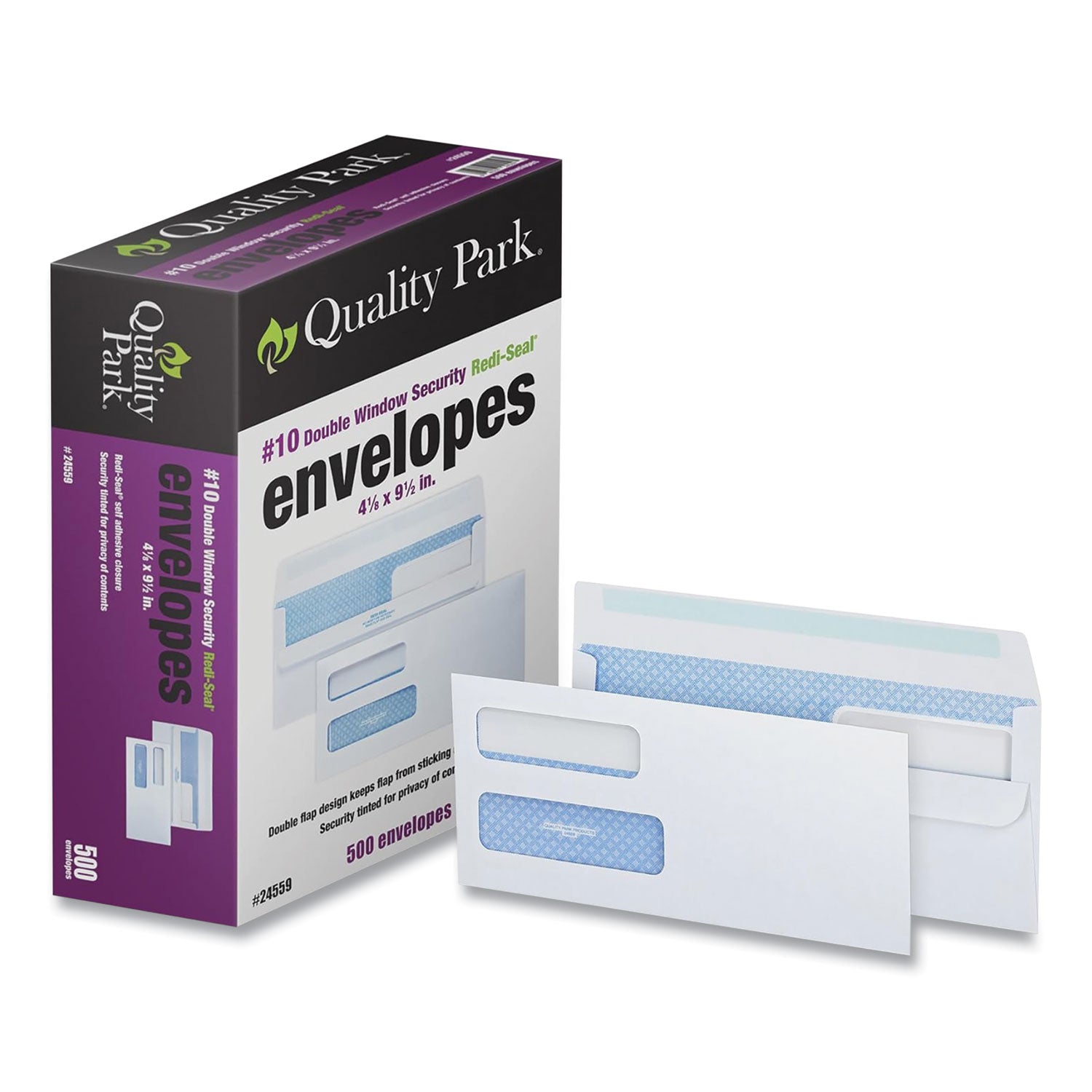 Double Window Redi-Seal Security-Tinted Envelope, #10, Commercial Flap, Redi-Seal Adhesive Closure, 4.13 x 9.5, White, 500/BX - 