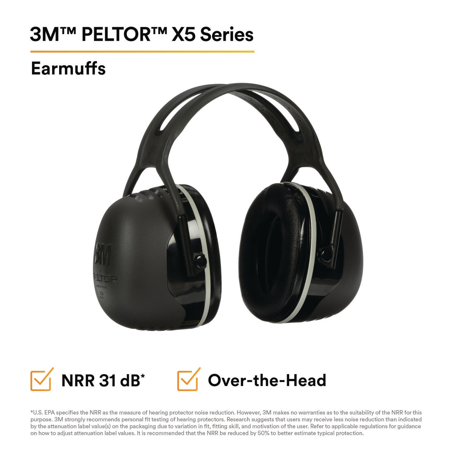 PELTOR X Series Earmuffs, Model X5A, 31 dB NRR, Black - 