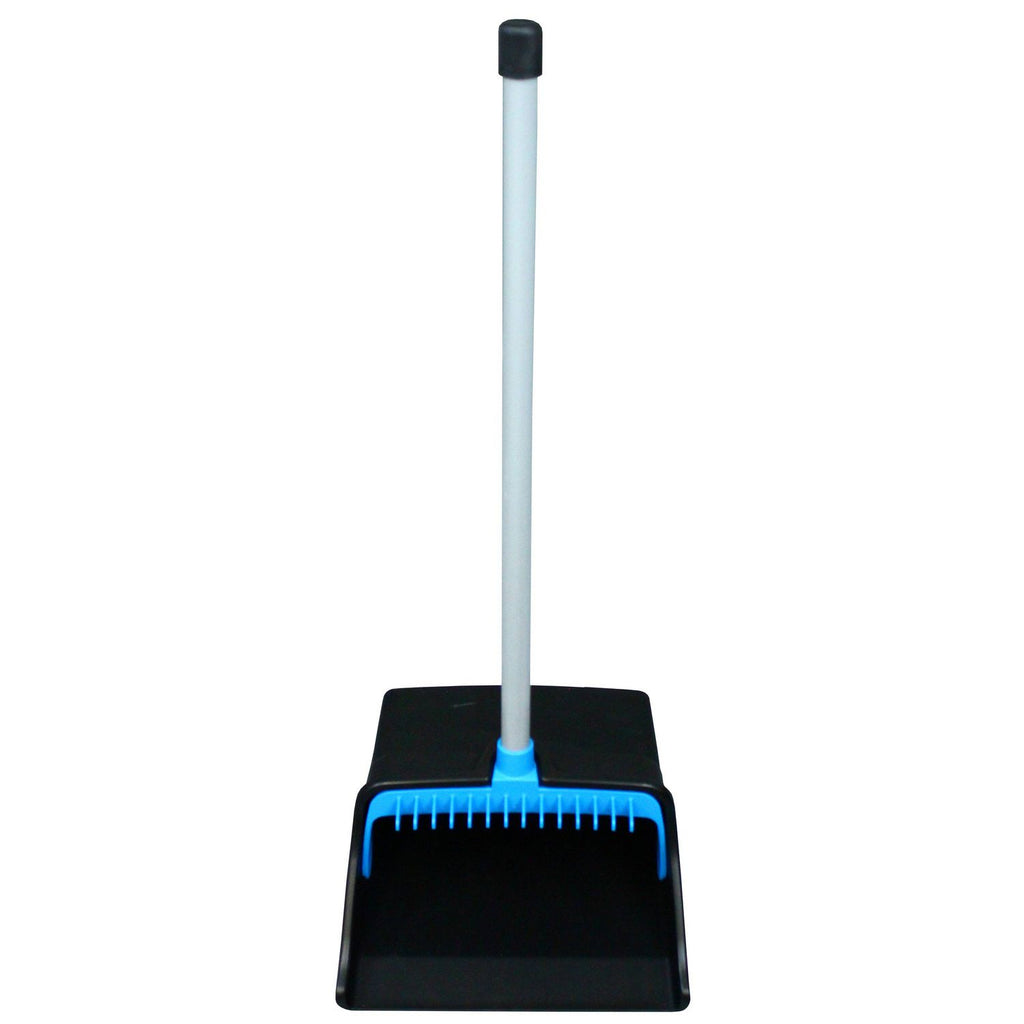 LobbyMaster Plastic Dust Pan, 11.72" Wide, 31" PVC Handle, Blue/Black