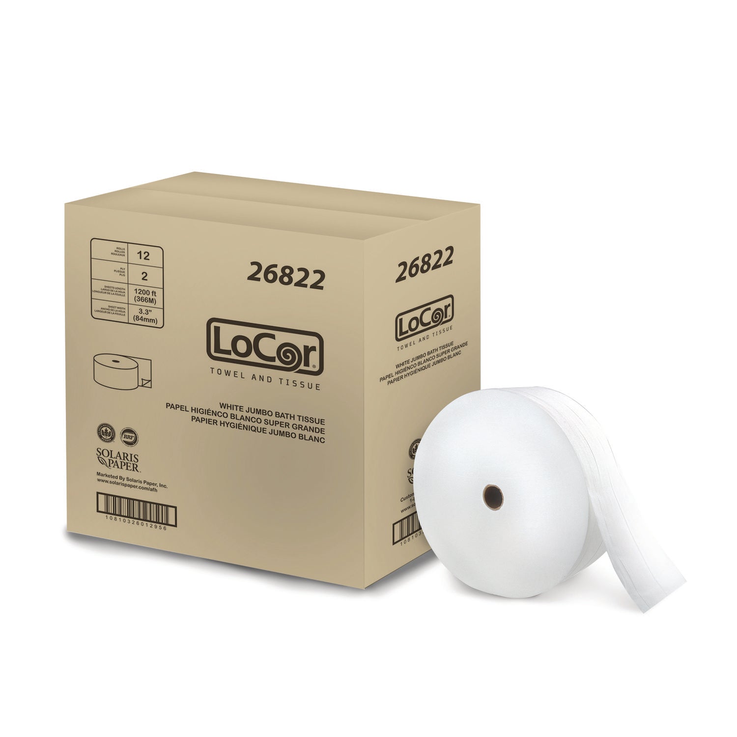 Jumbo Bath Tissue, 2-Ply, White, 3.3 x 1,200 ft, 12/Carton