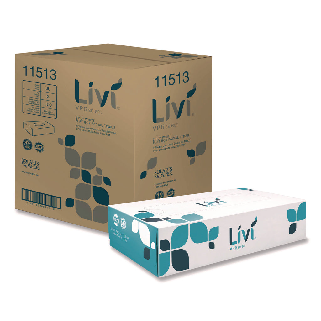 Flat Box Facial Tissue, 2-Ply, White, 100 Sheets/Box, 30 Boxes/Carton