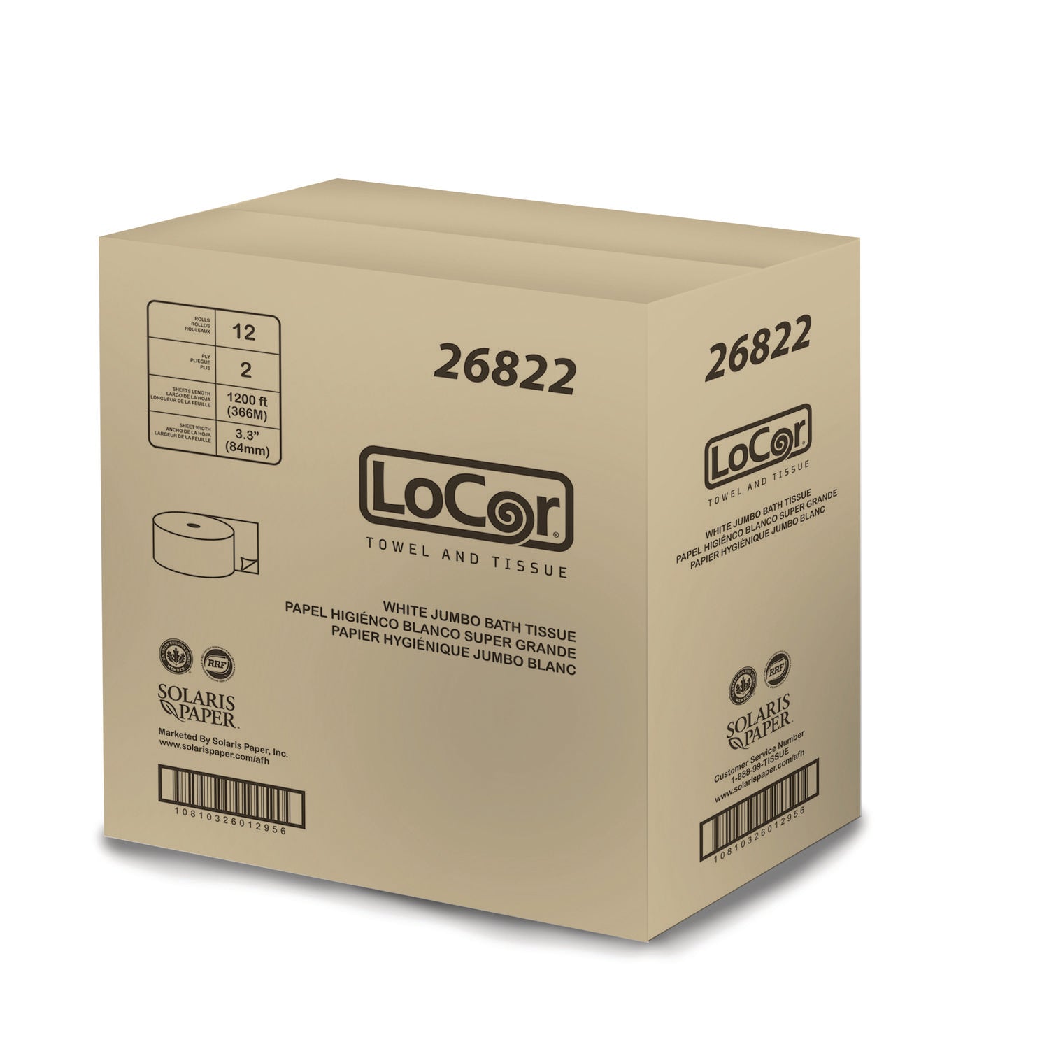 Jumbo Bath Tissue, 2-Ply, White, 3.3 x 1,200 ft, 12/Carton