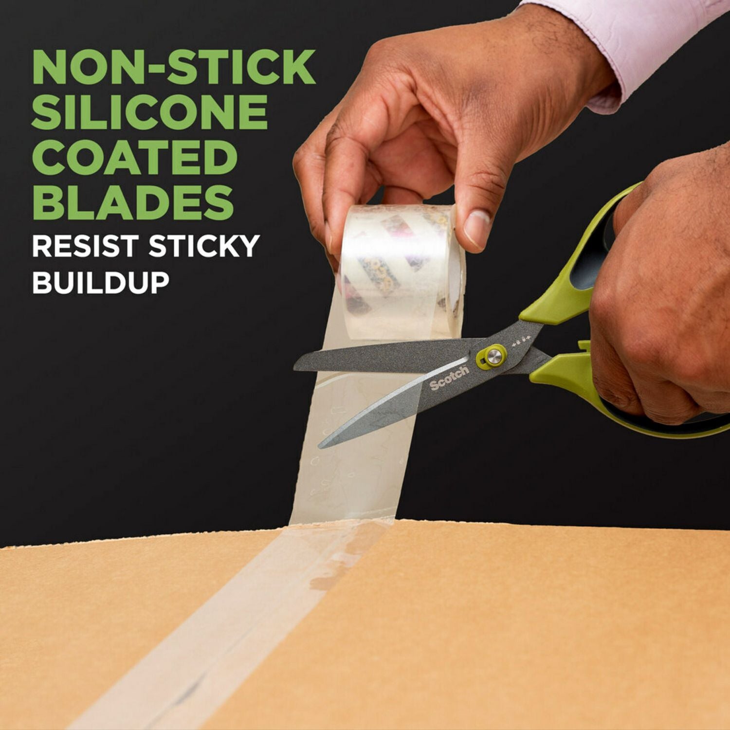 Non-Stick Unboxing Scissors, 8" Long, 2.7" Cut Length, Green/Black Handle
