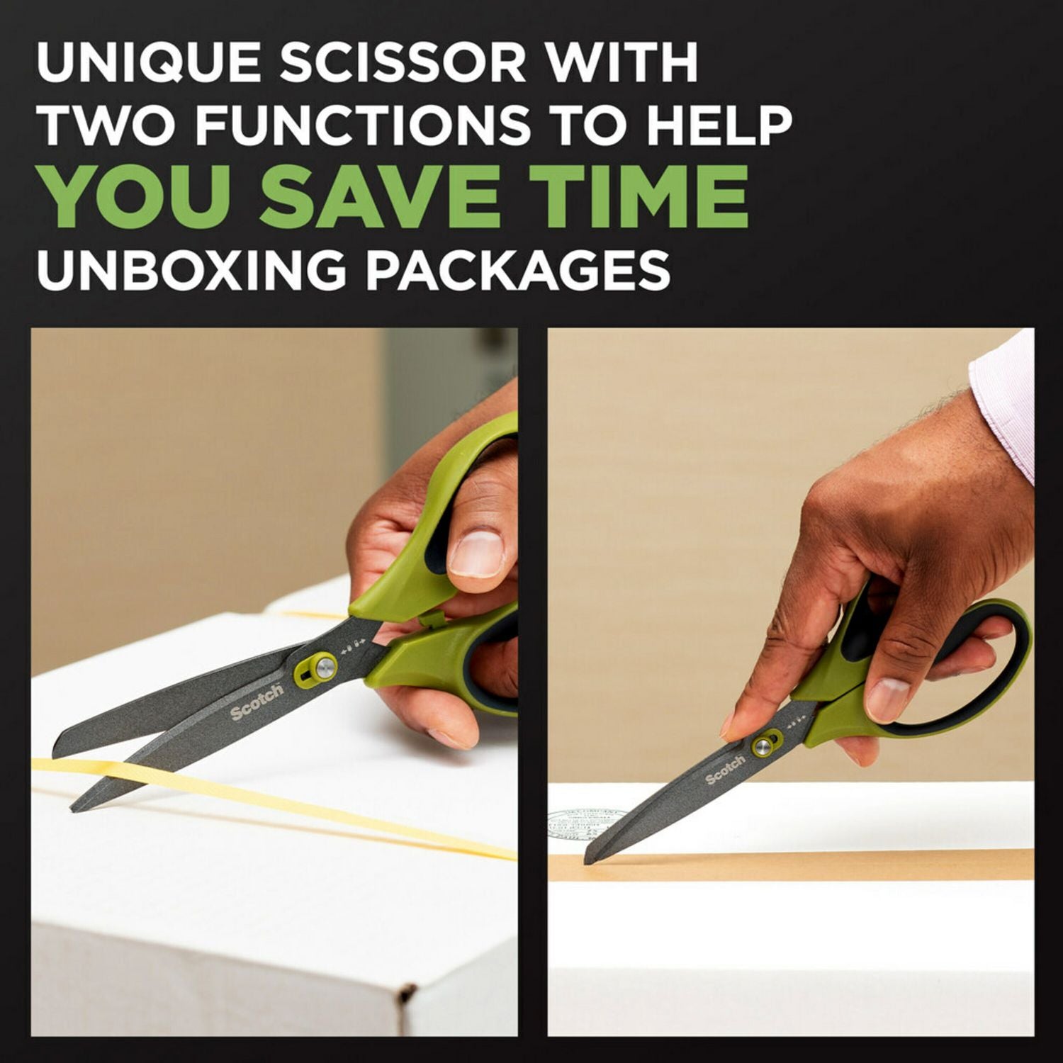 Non-Stick Unboxing Scissors, 8" Long, 2.7" Cut Length, Green/Black Handle