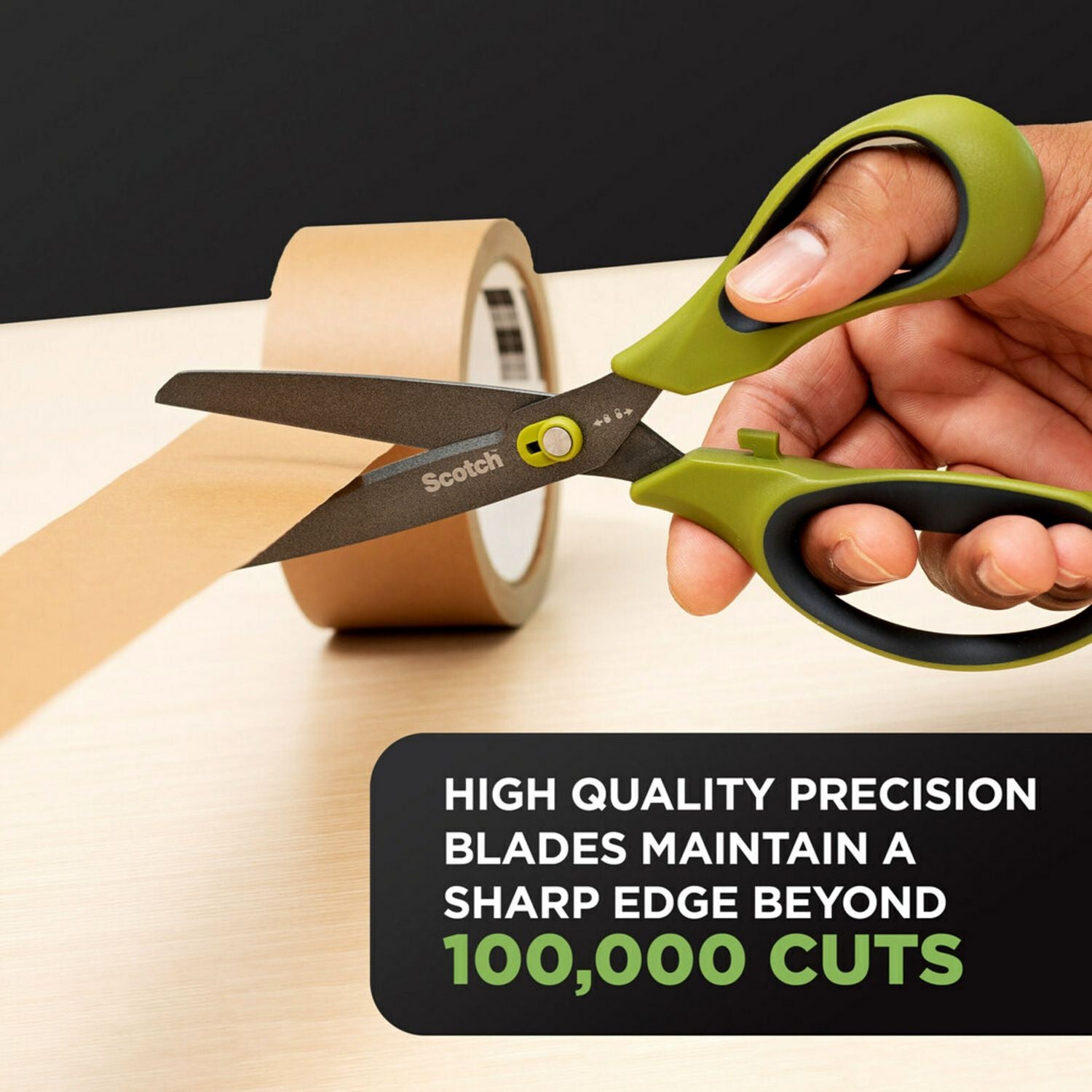 Non-Stick Unboxing Scissors, 8" Long, 2.7" Cut Length, Green/Black Handle
