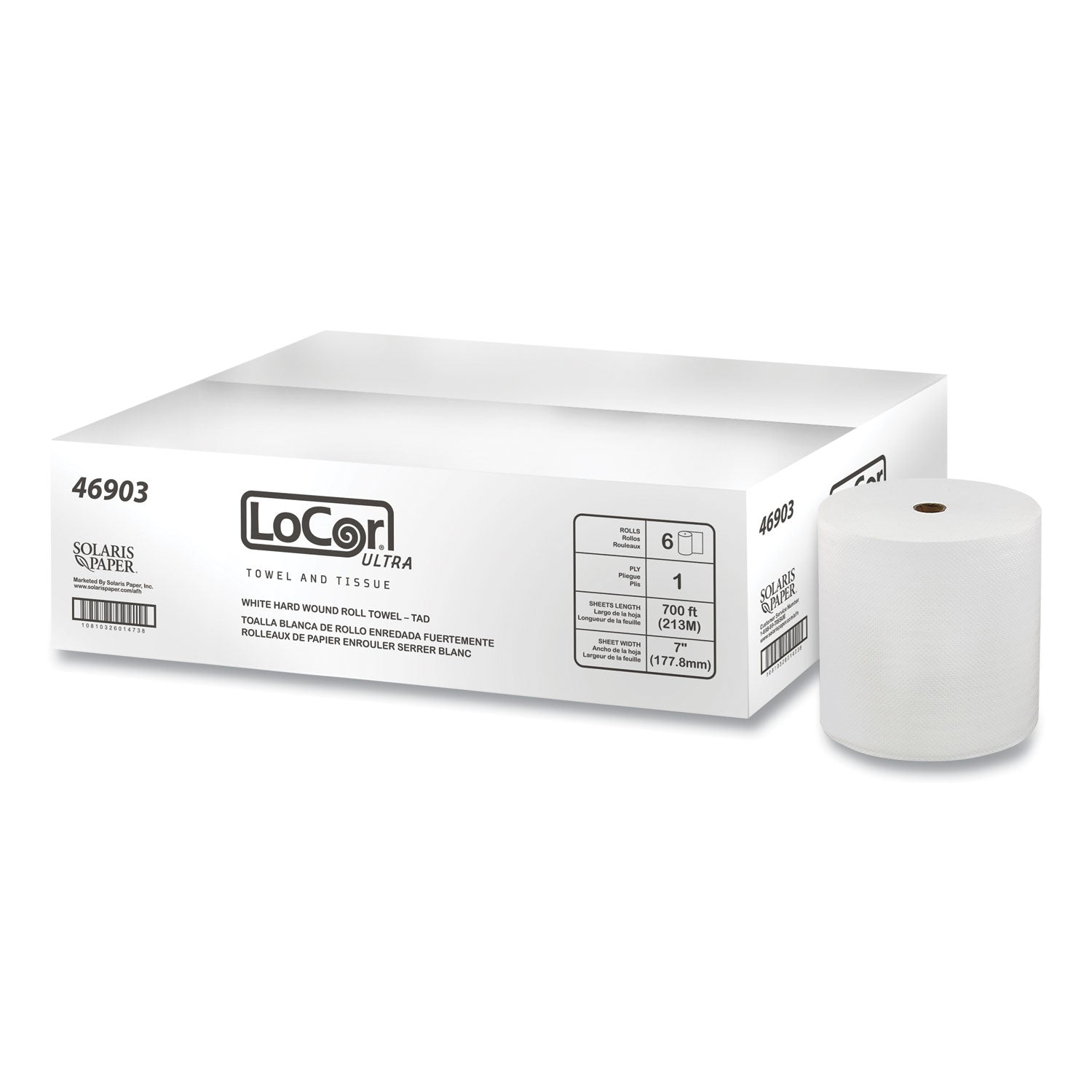 Hard Wound Roll Towel. 1-Ply, 7 x 700 ft, White, 6 Rolls/Carton
