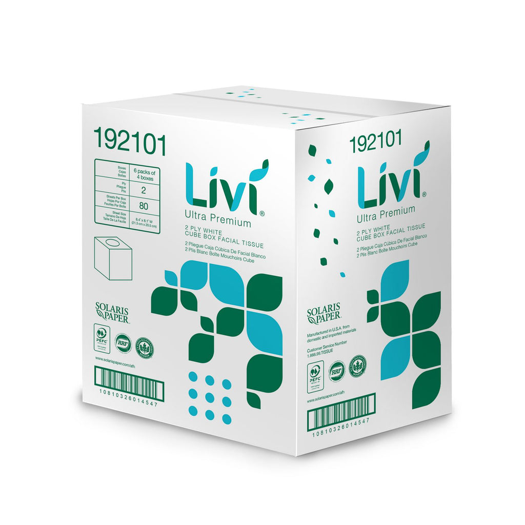 Livi Ultra Premium Facial Tissue, 2-Ply, White, Cube Box, 80 Sheets/Box, 4 Boxes/Pack, 6 Packs/Carton