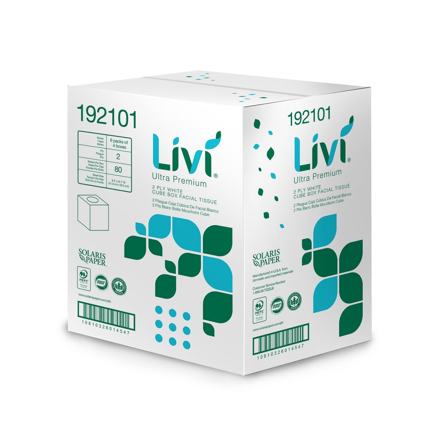 Livi Ultra Premium Facial Tissue, 2-Ply, White, Cube Box, 80 Sheets/Box, 4 Boxes/Pack, 6 Packs/Carton