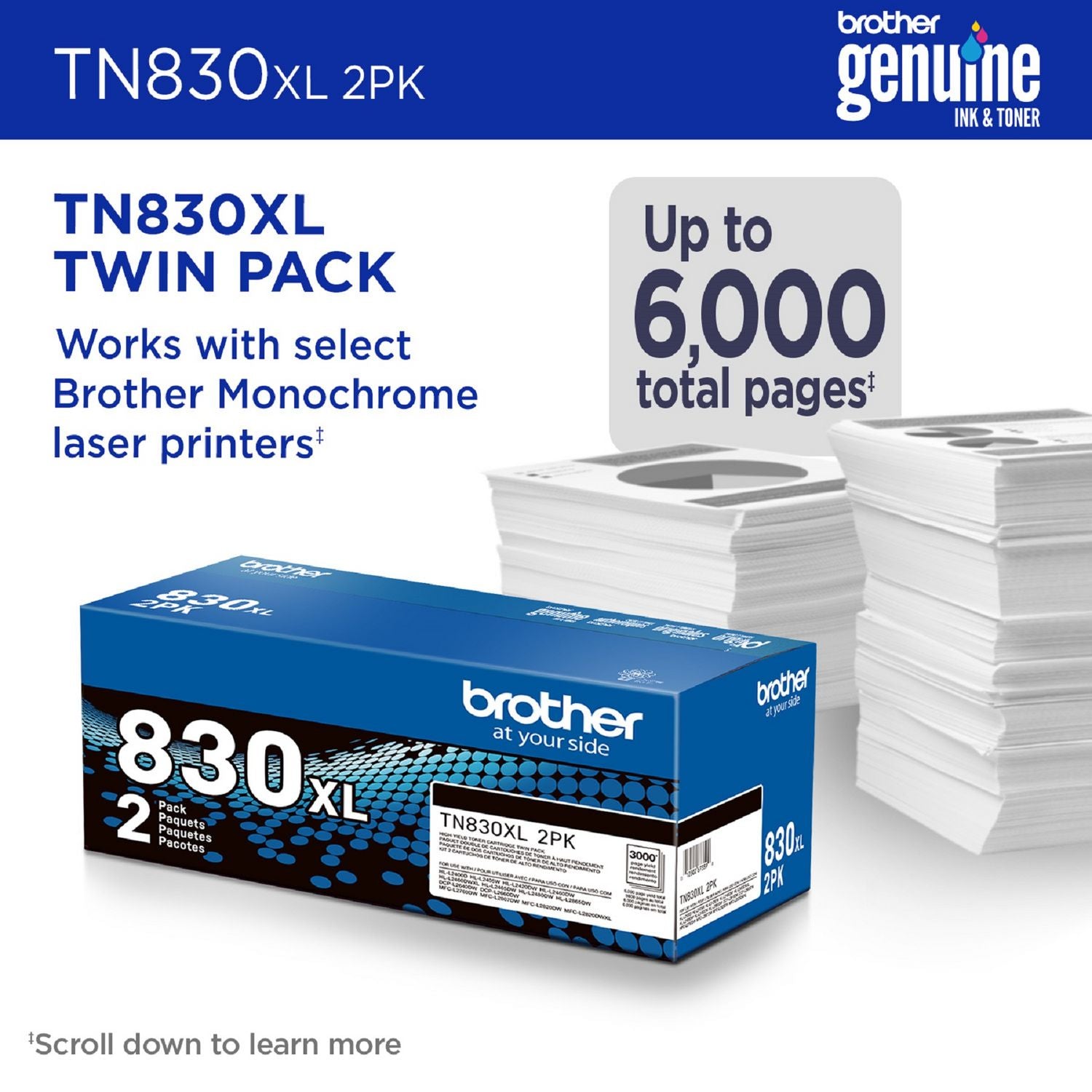 TN830XL High-Yield Toner, 3,000 Page-Yield, Black, 2/Pack
