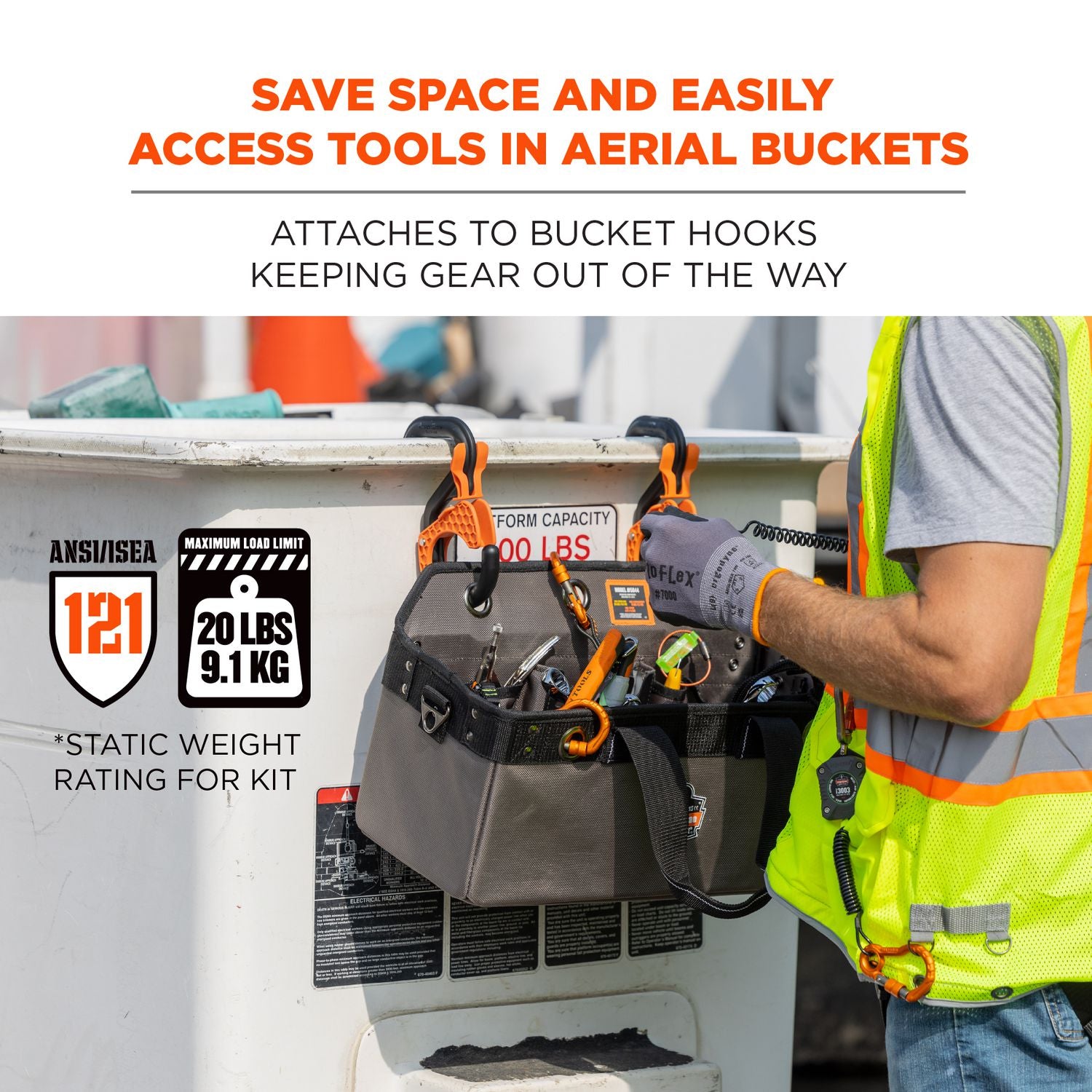 arsenal-5846-bucket-truck-tool-bag-locking-aerial-bucket-hooks-11-comp-5-grommets-18x75x75-gray-ships-in-1-3-bus-days_ego13747 - 2
