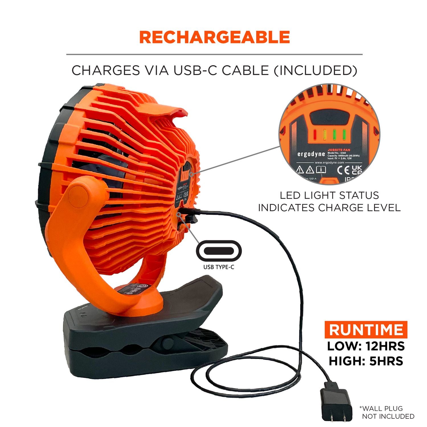 Chill-Its 6090 Rechargeable Portable Jobsite Fan, 9.5, Orange/Black, Ships in 1-3 Business Days