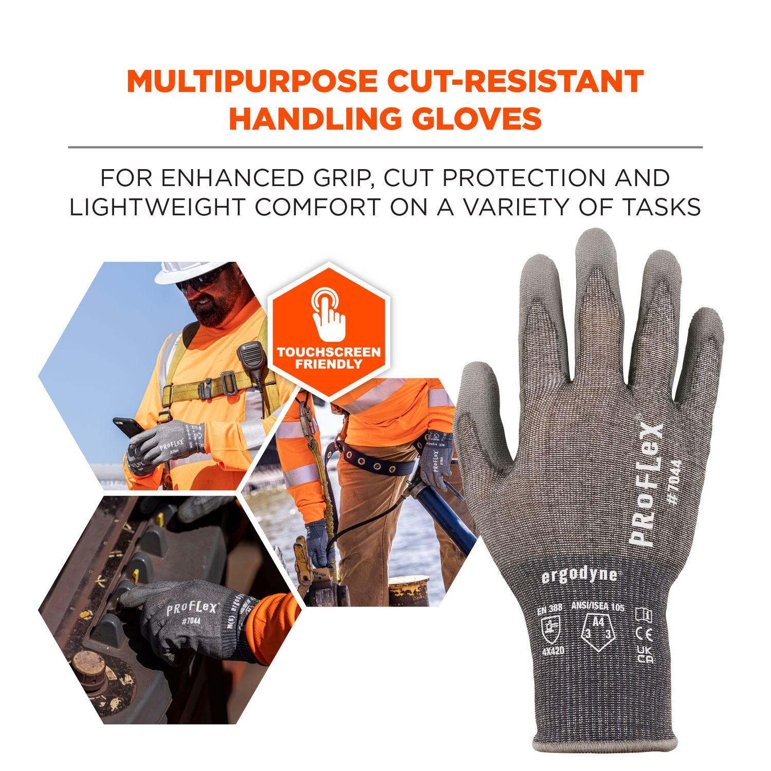 ProFlex 7044 ANSI A4 PU Coated CR Gloves, Gray, X-Small, Pair, Ships in 1-3 Business Days