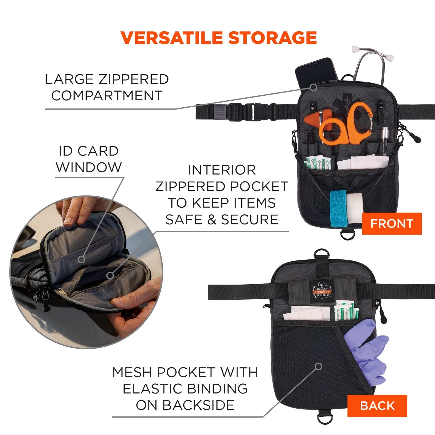 Arsenal 5717 Convertible Nurse Belt Bag, 10 Compartments, 7 x 10, Nylon, Black, Ships in 1-3 Business Days