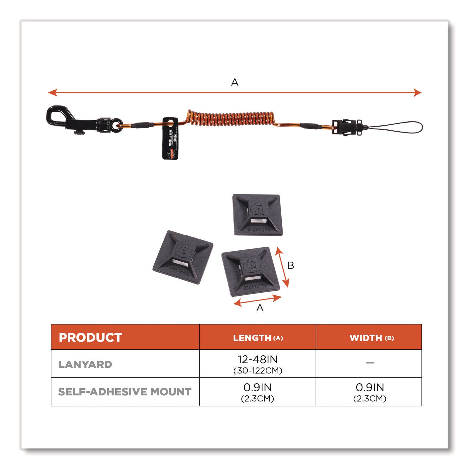 Squids 3151 Coil Lanyard Swivel Hook/Detachable Loop, Mini Adhesive Mount, 2 lb Max, 12", Black/Orange, Ships in 1-3 Bus Days