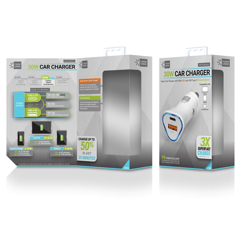 PD Car Charger, 30 W, Two 3 A Ports, White