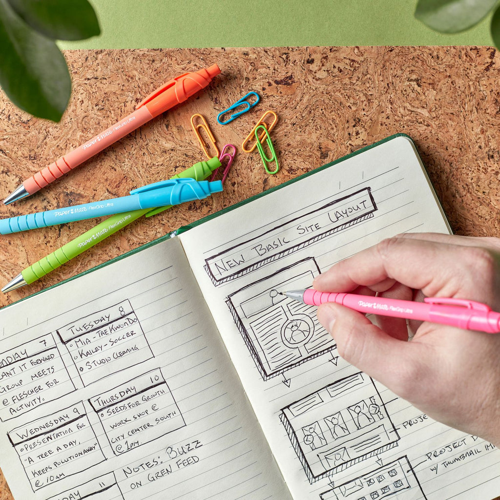 Paper Mate Flexgrip Ultra Recycled Pens - Medium Pen Point - 1 mm Pen Point Size - Retractable - Black - Green Rubberized, Pink, Orange, Blue Barrel - 12/Dozen