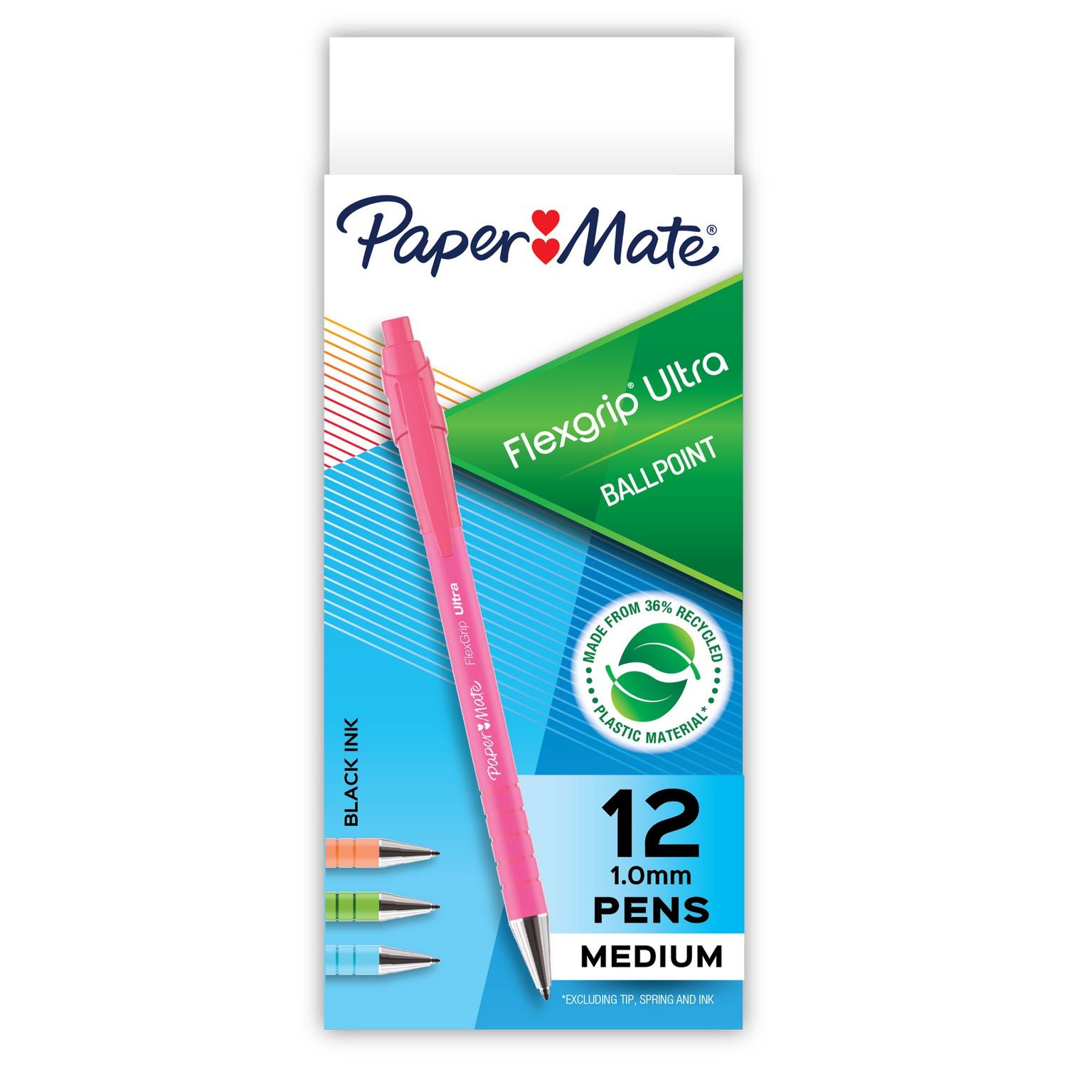 Paper Mate Flexgrip Ultra Recycled Pens - Medium Pen Point - 1 mm Pen Point Size - Retractable - Black - Green Rubberized, Pink, Orange, Blue Barrel - 12/Dozen
