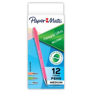 Paper Mate Flexgrip Ultra Recycled Pens - Medium Pen Point - 1 mm Pen Point Size - Retractable - Black - Green Rubberized, Pink, Orange, Blue Barrel - 12/Dozen