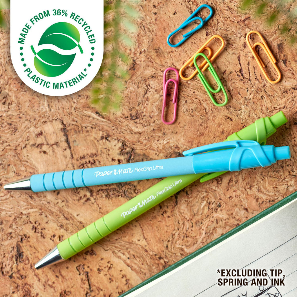 Paper Mate Flexgrip Ultra Recycled Pens - Medium Pen Point - 1 mm Pen Point Size - Retractable - Black - Green Rubberized, Pink, Orange, Blue Barrel - 12/Dozen