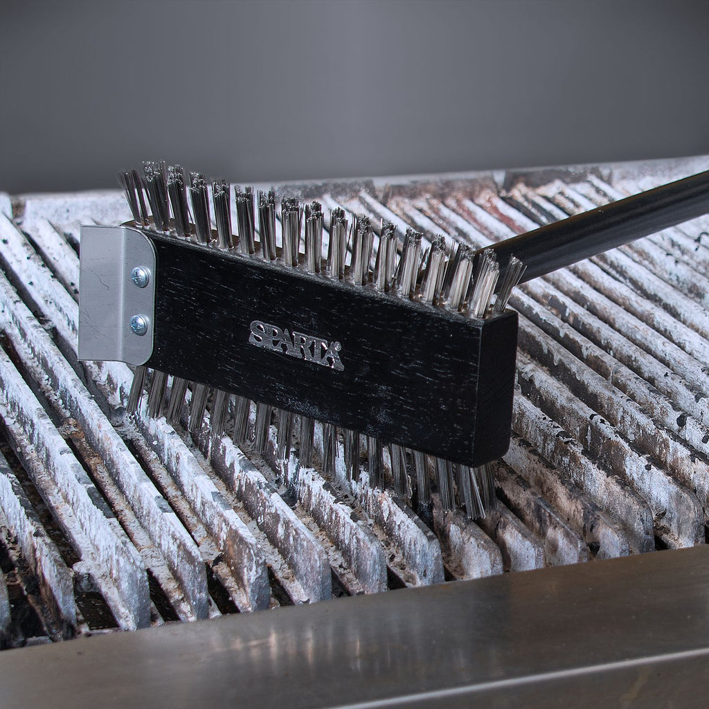 Sparta Broiler Master Grill Brush and Scraper with Handle, Metal Bristles, 48" Natural Wood Handle