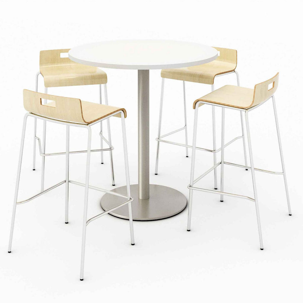 Pedestal Bistro Table with Four Natural Jive Series Barstools, Round, 36" Dia x 41h, Designer White, Ships in 4-6 Bus Days