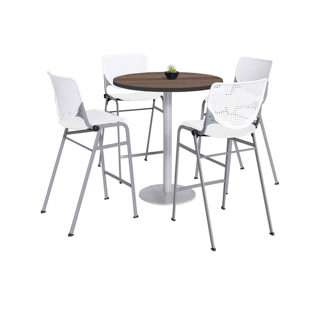 Pedestal Bistro Table with Four White Kool Series Barstools, Round, 36" Dia x 41h, Studio Teak, Ships in 4-6 Business Days