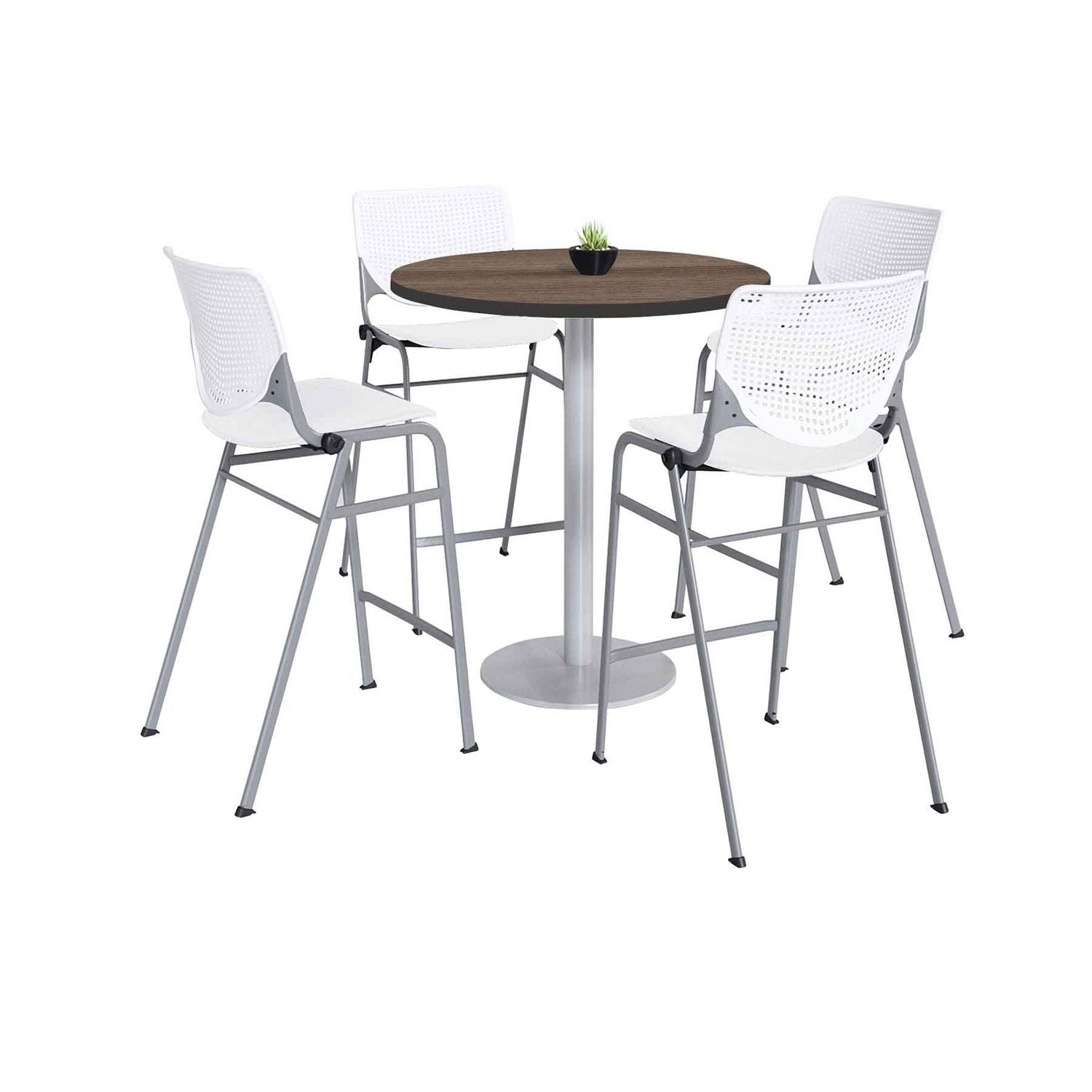 Pedestal Bistro Table with Four White Kool Series Barstools, Round, 36" Dia x 41h, Studio Teak, Ships in 4-6 Business Days