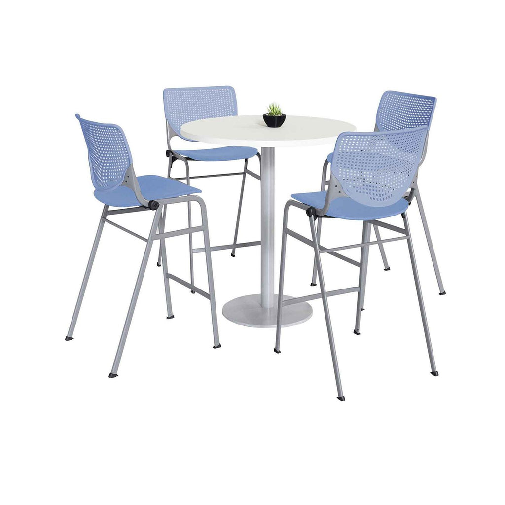 Pedestal Bistro Table with Four Periwinkle Kool Series Barstools, Round, 36" Dia x 41h, Designer White, Ships in 4-6 Bus Days