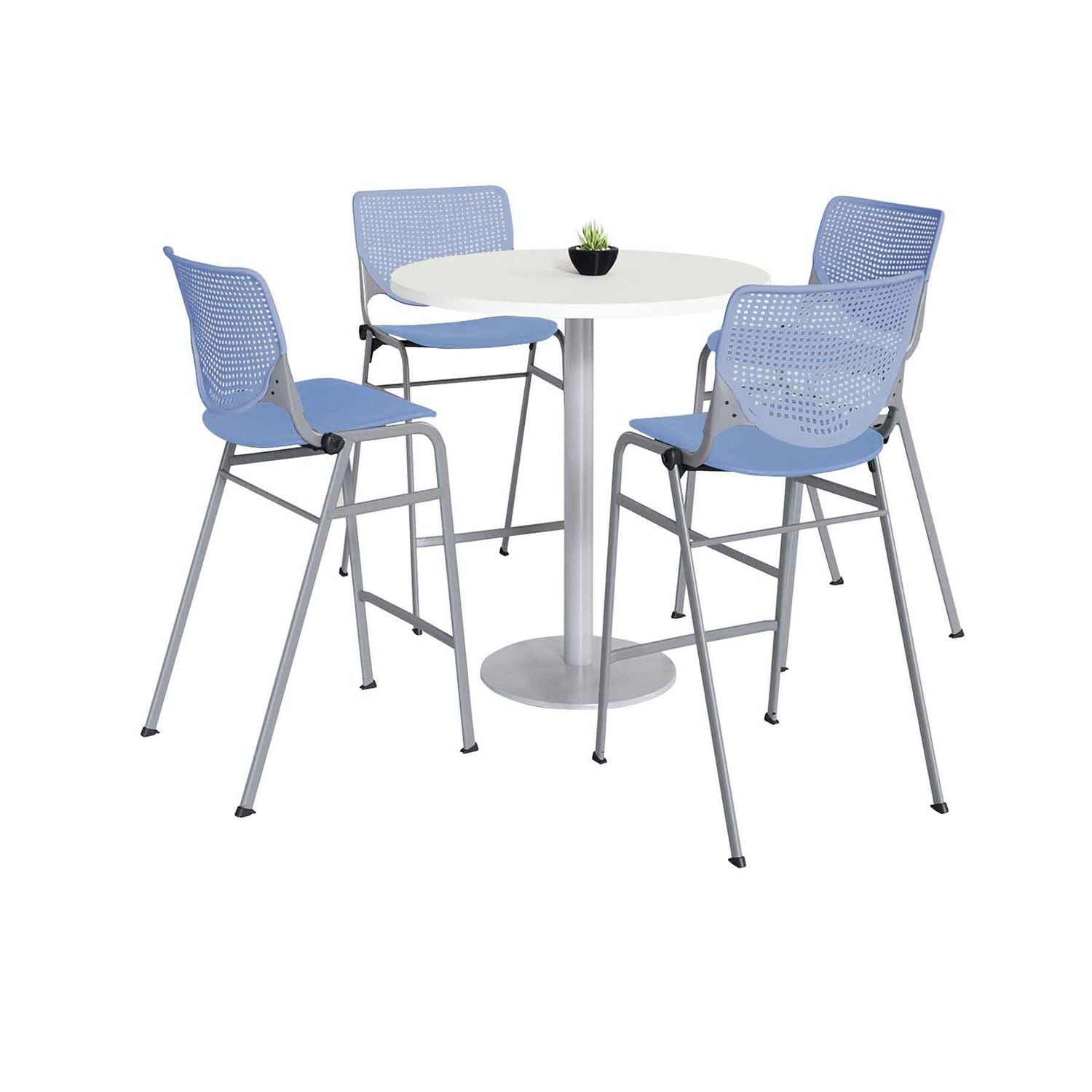 Pedestal Bistro Table with Four Periwinkle Kool Series Barstools, Round, 36" Dia x 41h, Designer White, Ships in 4-6 Bus Days