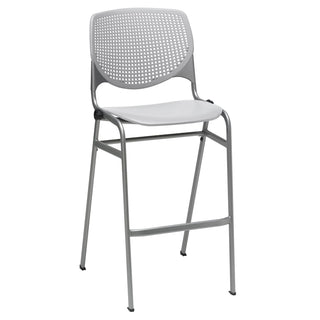Pedestal Bistro Table with Four Light Gray Kool Series Barstools, Round, 36" Dia x 41h, Designer White, Ships in 4-6 Bus Days
