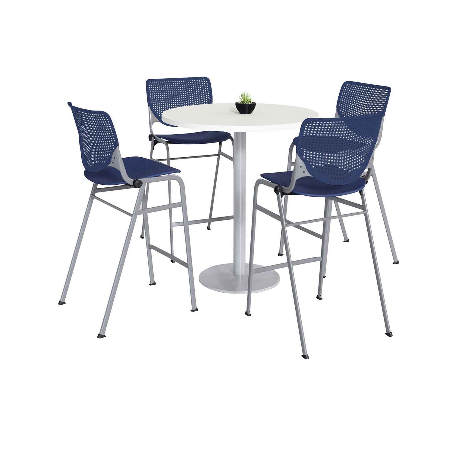 Pedestal Bistro Table with Four Navy Kool Series Barstools, Round, 36" Dia x 41h, Designer White, Ships in 4-6 Business Days