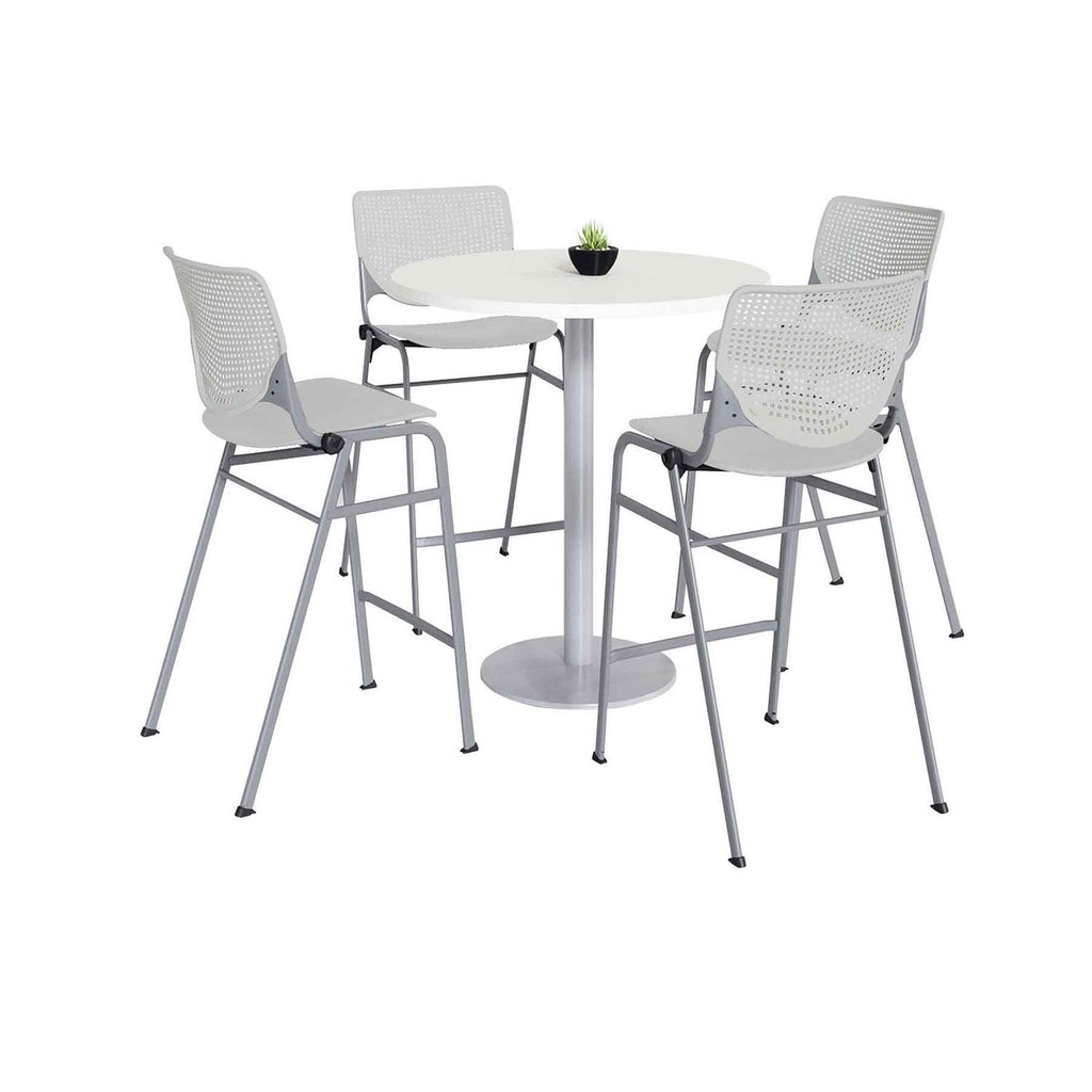 Pedestal Bistro Table with Four Light Gray Kool Series Barstools, Round, 36" Dia x 41h, Designer White, Ships in 4-6 Bus Days