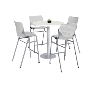 Pedestal Bistro Table with Four Light Gray Kool Series Barstools, Round, 36" Dia x 41h, Designer White, Ships in 4-6 Bus Days