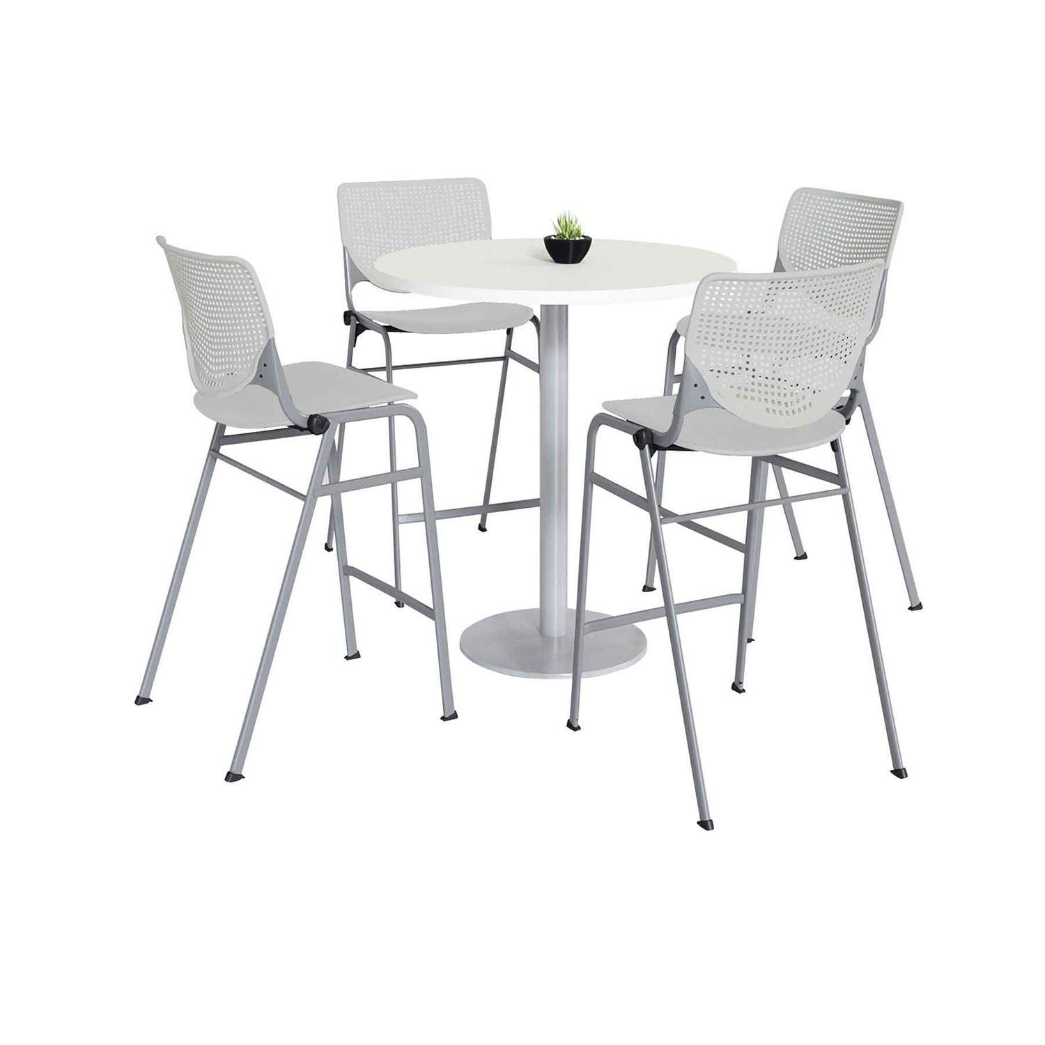 Pedestal Bistro Table with Four Light Gray Kool Series Barstools, Round, 36" Dia x 41h, Designer White, Ships in 4-6 Bus Days