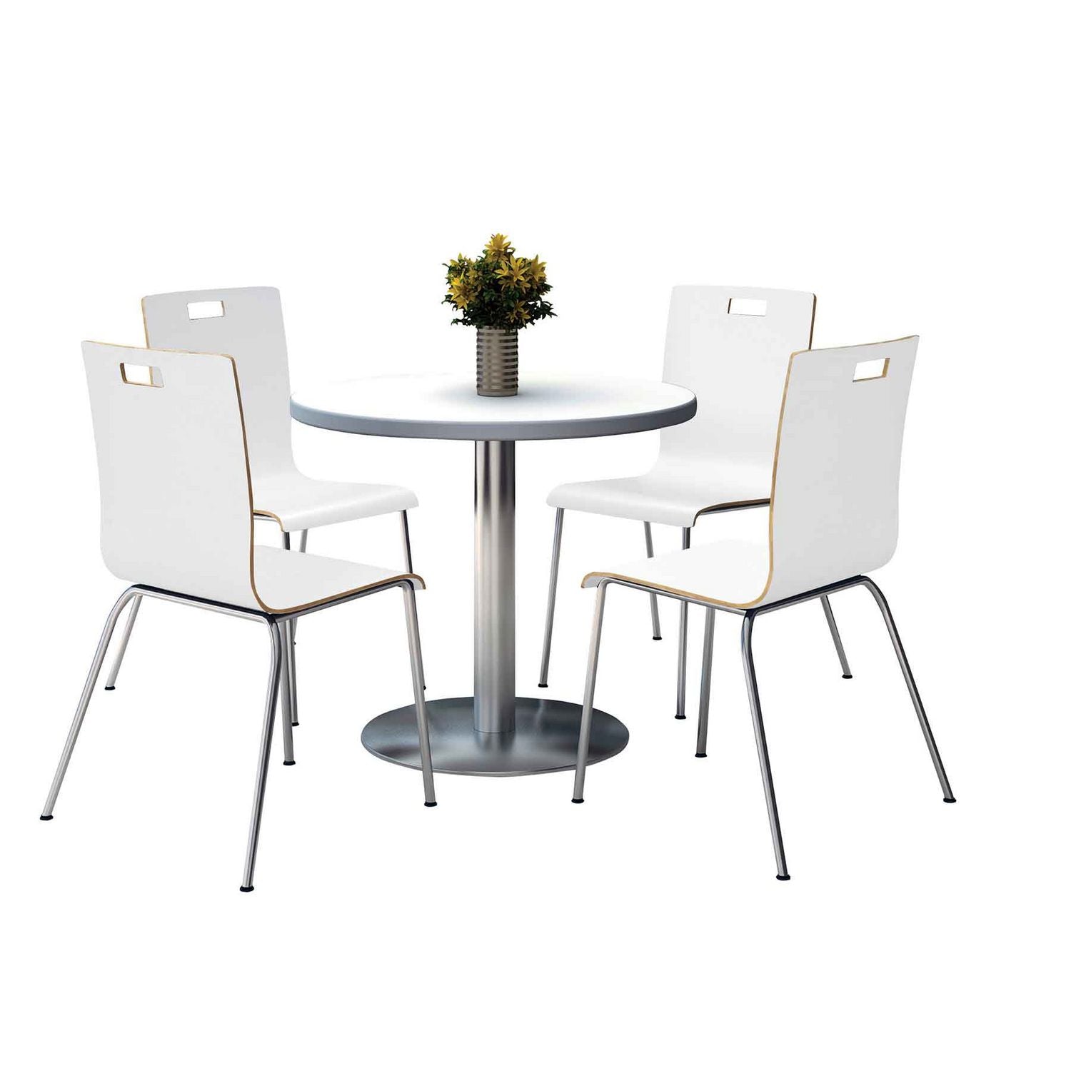 Pedestal Table with Four White Jive Series Chairs, Round, 36" Dia x 29h, Crisp Linen, Ships in 4-6 Business Days